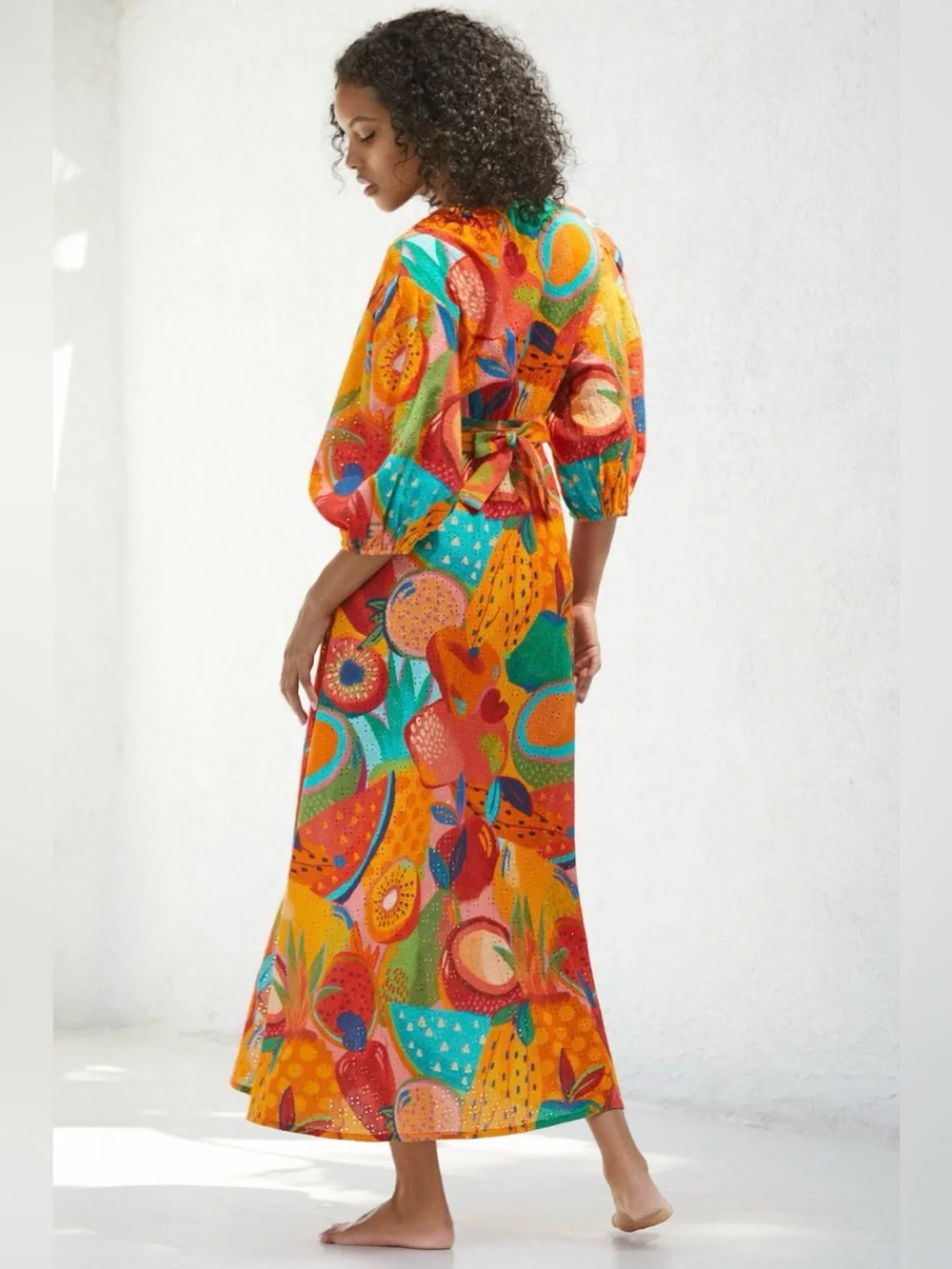 FARM Rio Summery Salad Puff-Sleeve Eyelet Tie-Waist Midi Dress Coverup. - Picture 3 of 13